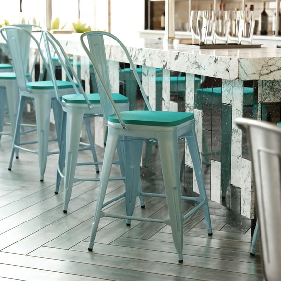 BizChair Commercial Grade 24" High Mint Green Metal Indoor-Outdoor Counter Height Stool with Back with Mint Green Poly Resin Wood Seat