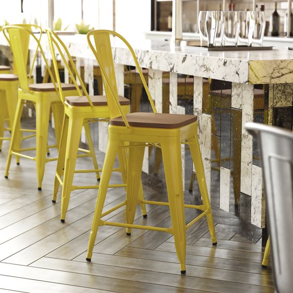 BizChair Commercial Grade 24" High Yellow Metal Indoor-Outdoor Counter Height Stool with Removable Back and Teak All-Weather Poly Resin Seat