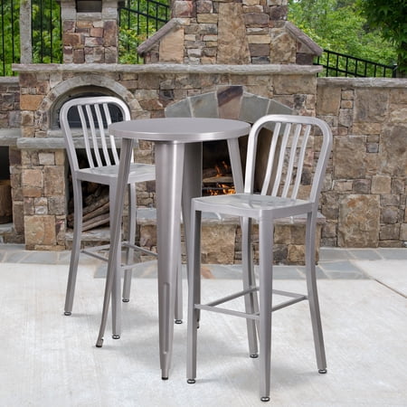 BizChair Commercial Grade 24" Round Silver Metal Indoor-Outdoor Bar Table Set with 2 Vertical Slat Back Stools