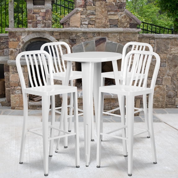 BizChair Commercial Grade 24" Round White Metal Indoor-Outdoor Bar Table Set with 4 Vertical Slat Back Stools