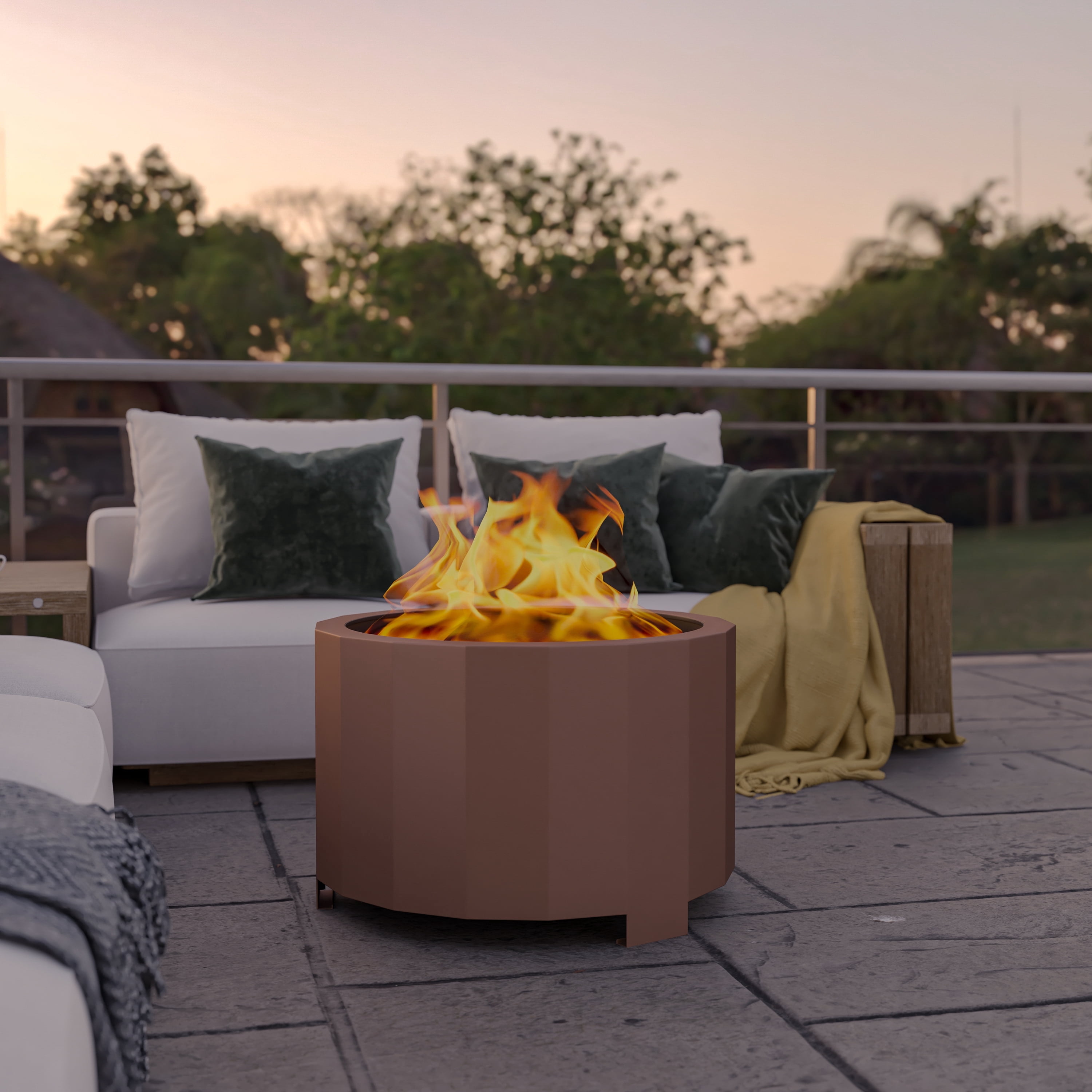 BizChair Commercial Grade 27 inch Smokeless Outdoor Firepit, Natural Wood Burning Portable Fire Pit With Waterproof Cover, Bronze