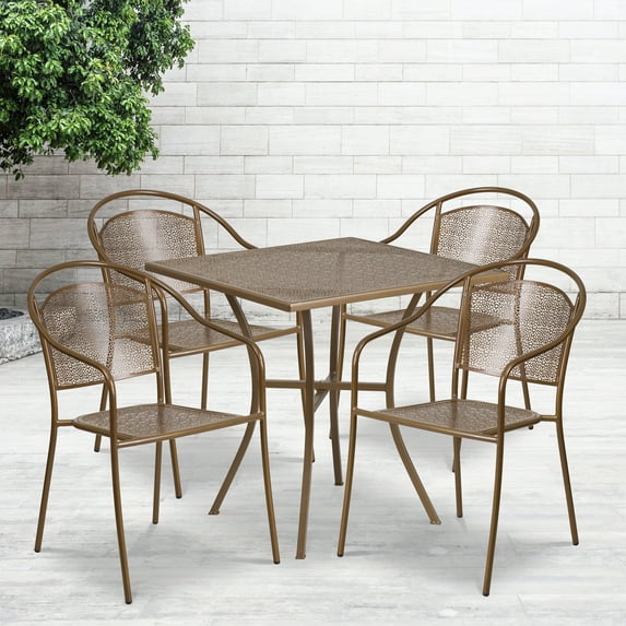 BizChair Commercial Grade 28" Square Gold Indoor-Outdoor Steel Patio Table Set with 4 Round Back Chairs