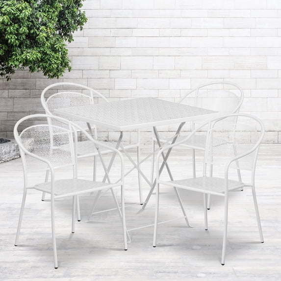 BizChair Commercial Grade 28" Square White Indoor-Outdoor Steel Folding Patio Table Set with 4 Round Back Chairs