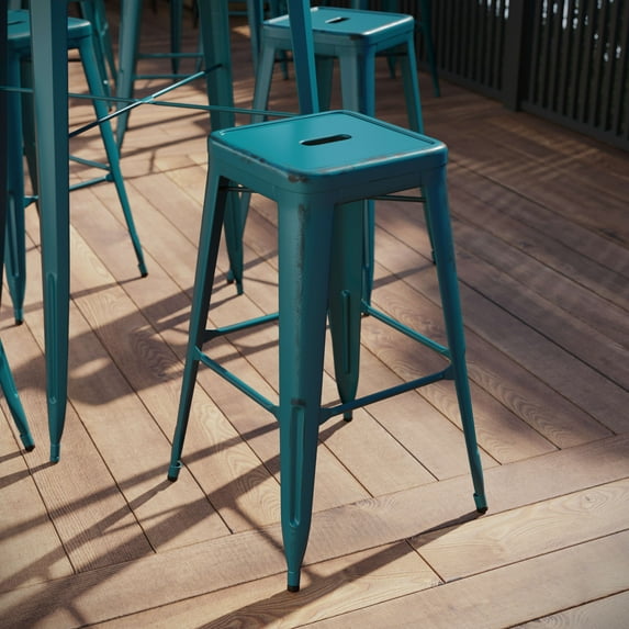 BizChair Commercial Grade 30" High Backless Distressed Kelly Blue-Teal Metal Indoor-Outdoor Barstool