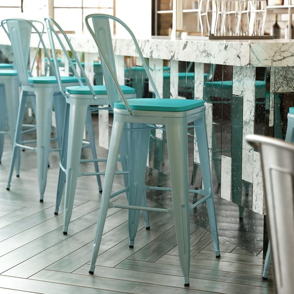 BizChair Commercial Grade 30" High Mint Green Metal Indoor-Outdoor Barstool with Back with Mint Green Poly Resin Wood Seat