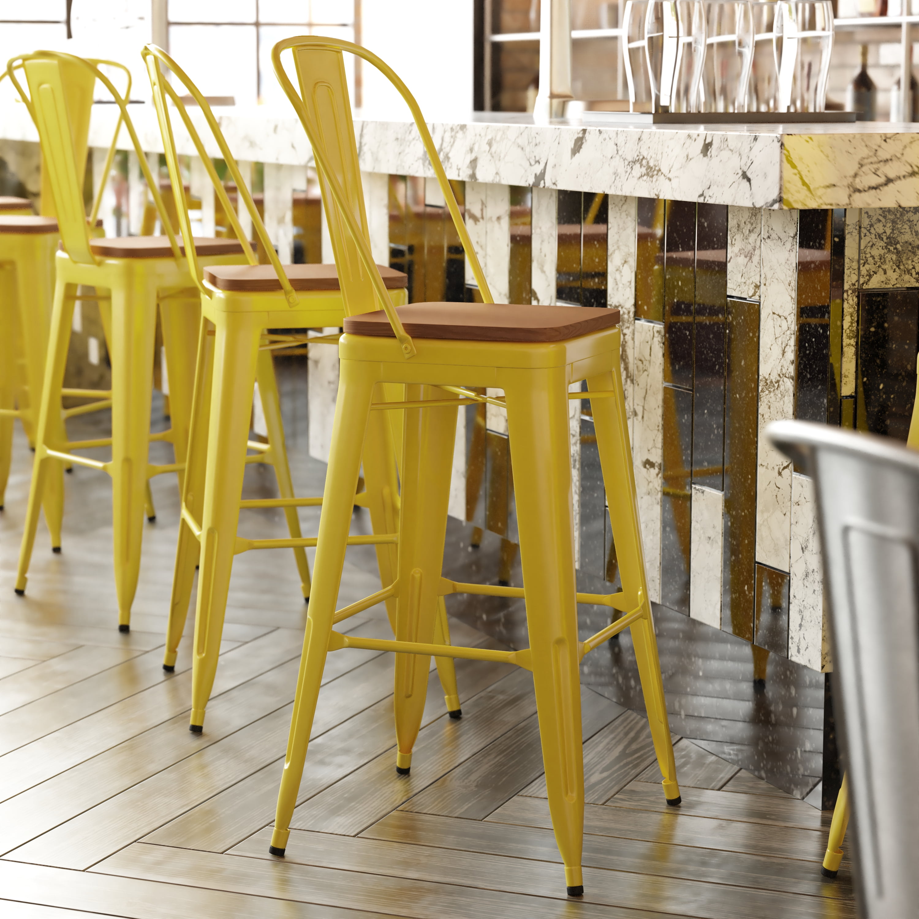 BizChair Commercial Grade 30 High Yellow Metal Indoor Outdoor Bar Height Stool with Removable Back and Teak All Weather Poly Resin Seat