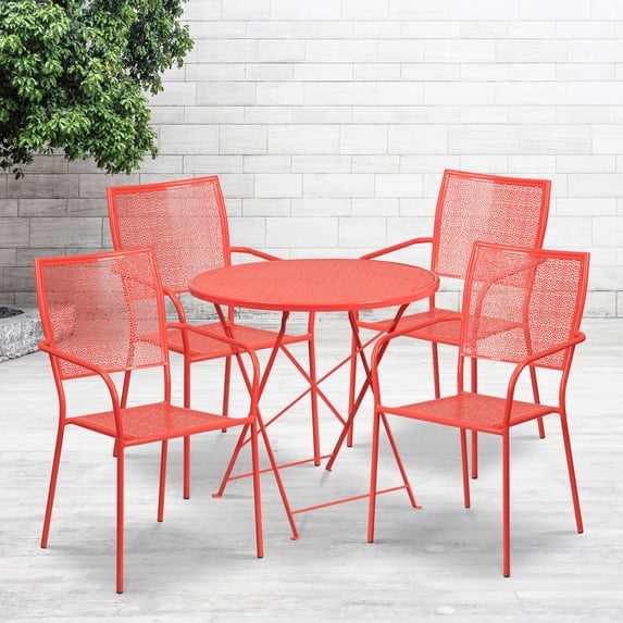 BizChair Commercial Grade 30" Round Coral Indoor-Outdoor Steel Folding Patio Table Set with 4 Square Back Chairs
