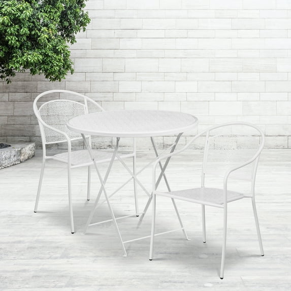 BizChair Commercial Grade 30" Round White Indoor-Outdoor Steel Folding Patio Table Set with 2 Round Back Chairs