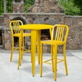 thumbnail image 1 of BizChair Commercial Grade 30" Round Yellow Metal Indoor-Outdoor Bar Table Set with 2 Vertical Slat Back Stools, 1 of 5
