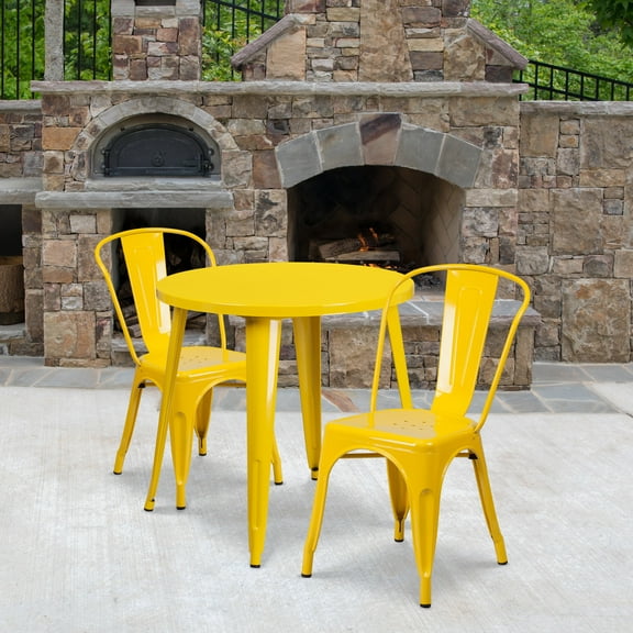BizChair Commercial Grade 30" Round Yellow Metal Indoor-Outdoor Table Set with 2 Cafe Chairs