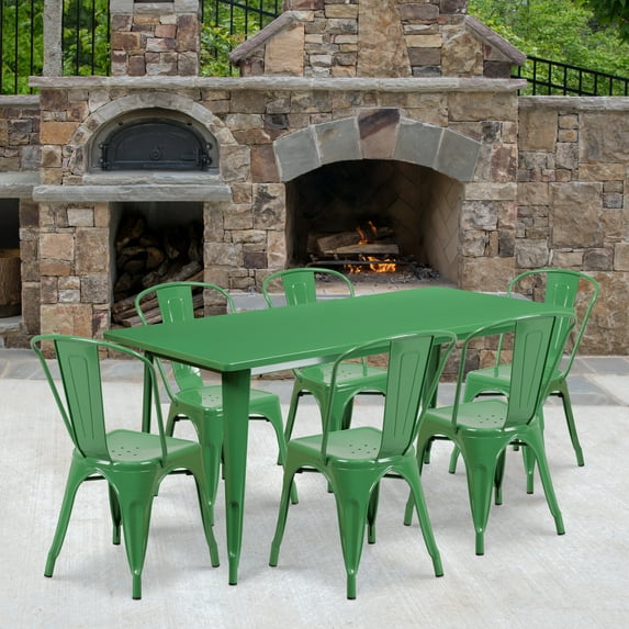 BizChair Commercial Grade 31.5" x 63" Rectangular Green Metal Indoor-Outdoor Table Set with 6 Stack Chairs