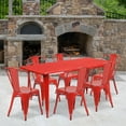 thumbnail image 1 of BizChair Commercial Grade 31.5" x 63" Rectangular Red Metal Indoor-Outdoor Table Set with 6 Stack Chairs, 1 of 5