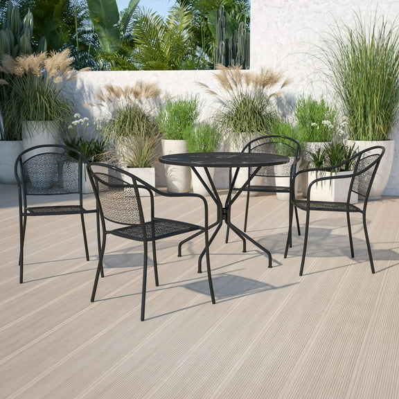 BizChair Commercial Grade 35.25" Round Black Indoor-Outdoor Steel Patio Table Set with 4 Round Back Chairs