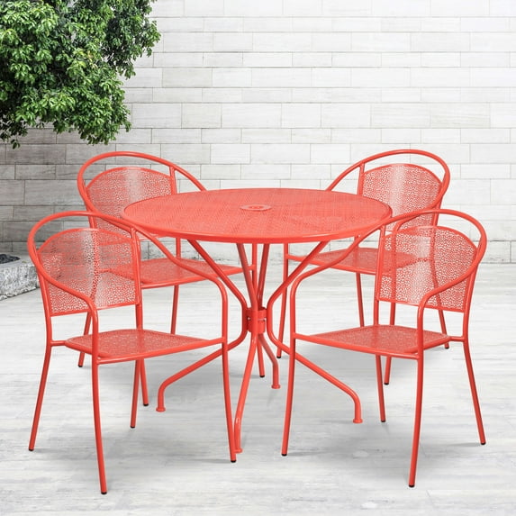 BizChair Commercial Grade 35.25" Round Coral Indoor-Outdoor Steel Patio Table Set with 4 Round Back Chairs