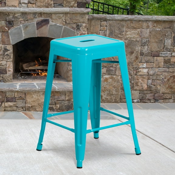 BizChair Commercial Grade 24" High Backless Crystal Teal-Blue Indoor-Outdoor Counter Height Stool