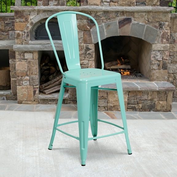 BizChair Commercial Grade 4 Pack 24" High Mint Green Metal Indoor-Outdoor Counter Height Stool with Back