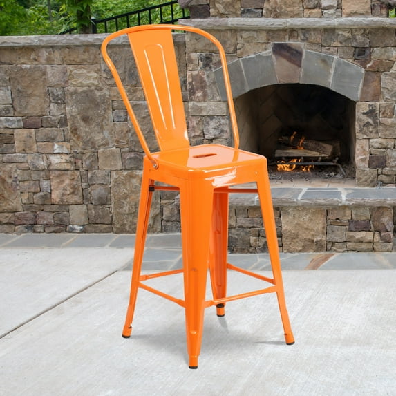 BizChair Commercial Grade 4 Pack 24" High Orange Metal Indoor-Outdoor Counter Height Stool with Removable Back