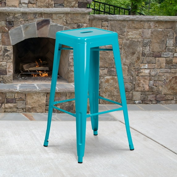 BizChair Commercial Grade 4 Pack 30" High Backless Crystal Teal-Blue Indoor-Outdoor Barstool