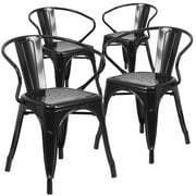 BizChair Commercial Grade 4 Pack Black Metal Indoor-Outdoor Chair with Arms