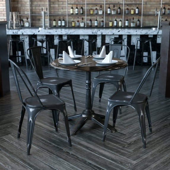 BizChair Commercial Grade 4 Pack Distressed Black Metal Indoor-Outdoor Stackable Chair