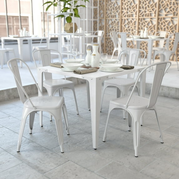 BizChair Commercial Grade 4 Pack White Metal Indoor-Outdoor Stackable Chair