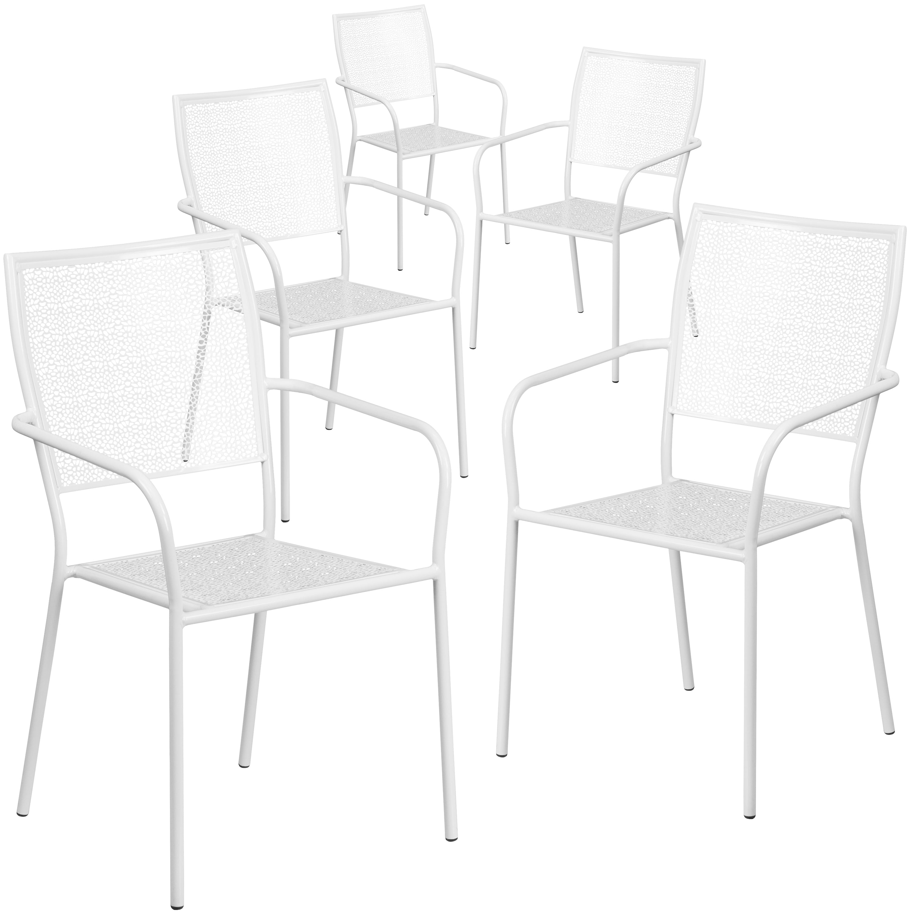 BizChair Commercial Grade 5 Pack White IndoorOutdoor Steel Patio Arm