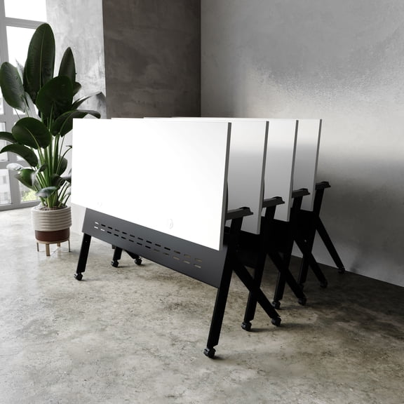 BizChair Commercial Grade 60" x 24" Heavy-Duty Nesting Flip Training Table with Y-Legs, Modesty Panel, 1" Thick White Tabletop, and Black Steel Frame