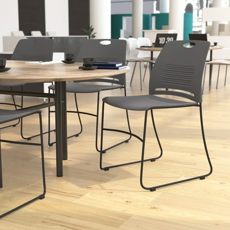 BizChair Commercial Grade 660 lb. Capacity Gray Plastic Stack Chair with Black Powder Coated Sled Base Frame and Integrated Carrying Handle