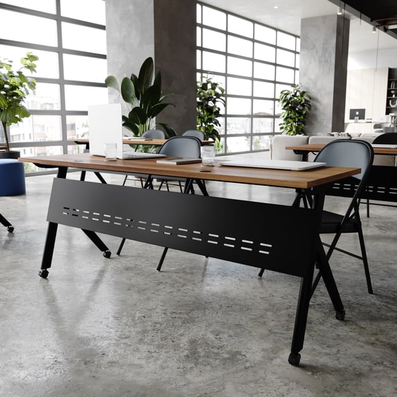 BizChair Commercial Grade 72" x 24" Heavy-Duty Nesting Flip Training Table with Y-Legs, Modesty Panel, 1" Thick Walnut Tabletop, and Black Steel Frame