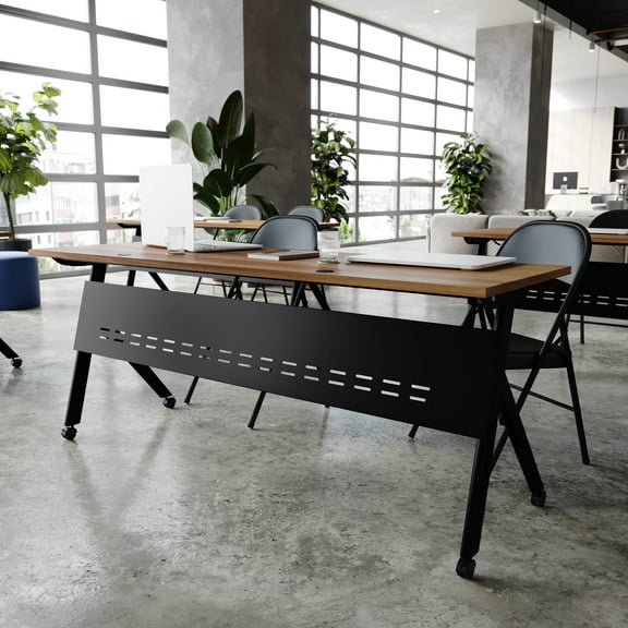 BizChair Commercial Grade 72" x 24" Heavy-Duty Nesting Flip Training Table with Y-Legs, Modesty Panel, 1" Thick Walnut Tabletop, and Black Steel Frame