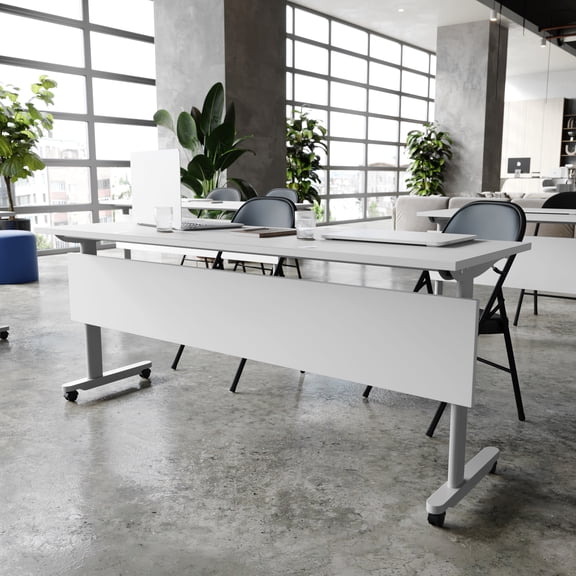 BizChair Commercial Grade 72" x 24" Heavy-Duty Nesting Flip Training Table with T-Legs, Modesty Panel, 1" Thick Gray Tabletop, and Gray Steel Frame