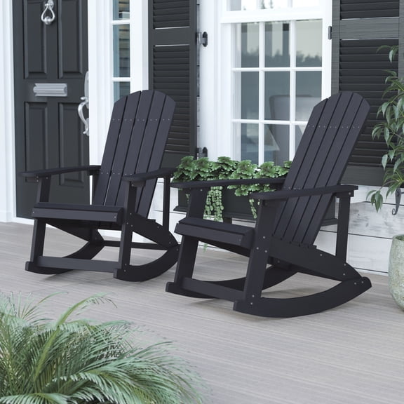 BizChair Commercial Grade All-Weather Poly Resin Wood Adirondack Rocking Chair with Rust Resistant Stainless Steel Hardware in Black - Set of 2