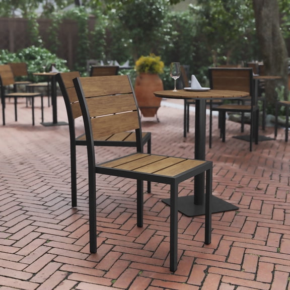 BizChair Commercial Grade Armless Patio Chair, Stackable Side Chair with Faux Teak Poly Slats and Metal Frame, Natural/Gray