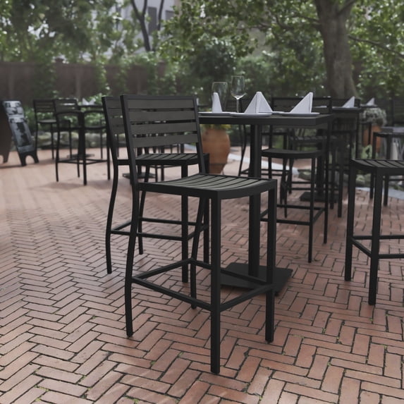 BizChair Commercial Grade Bar Height Stool, All-Weather Outdoor Bar Stool with Faux Wood Poly Resin Slats and Aluminum Frame, Gray Wash