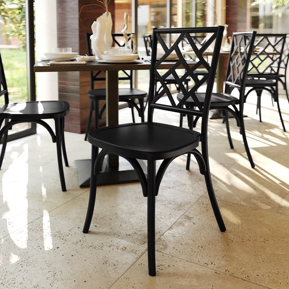 BizChair Commercial Grade Black Solid Wood Stackable Dining Chair with Intricate Back Detail