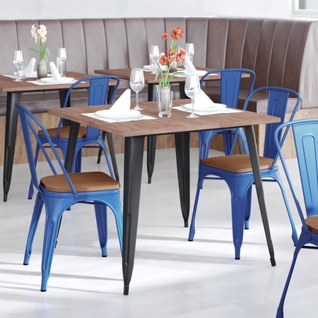BizChair Commercial Grade Blue Metal Indoor-Outdoor Stackable Chair with Teak Poly Resin Wood Seat