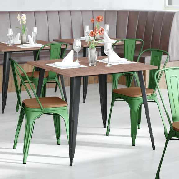 BizChair Commercial Grade Green Metal Indoor-Outdoor Stackable Chair with Teak Poly Resin Wood Seat