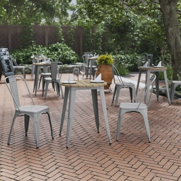 BizChair Commercial Grade Indoor/Outdoor Dining Table, 23.75" Round All Weather Brown Poly Resin Top with Silver Steel Base