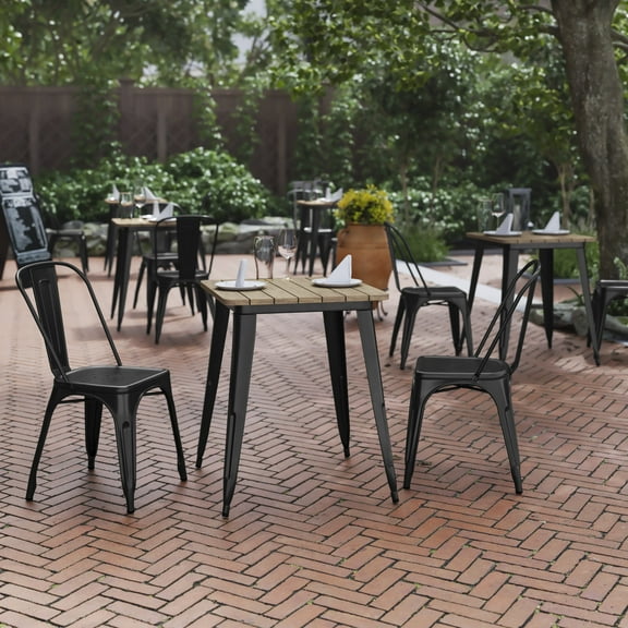 BizChair Commercial Grade Indoor/Outdoor Dining Table, 23.75" Square All Weather Brown Poly Resin Top with Black Steel Base