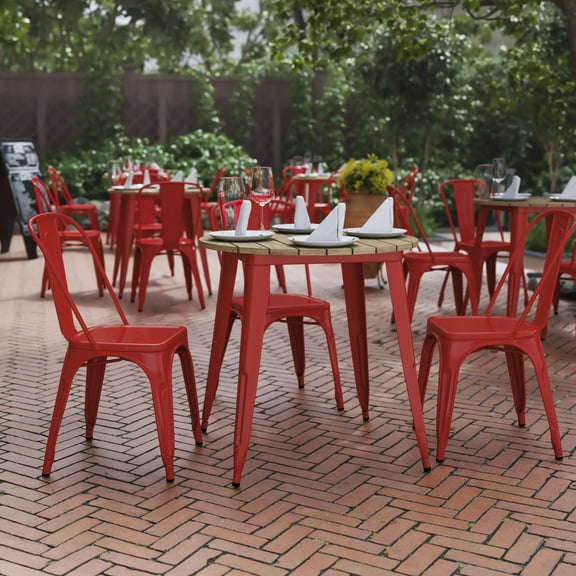 BizChair Commercial Grade Indoor/Outdoor Dining Table, 30" Round All Weather Brown Poly Resin Top with Red Steel Base