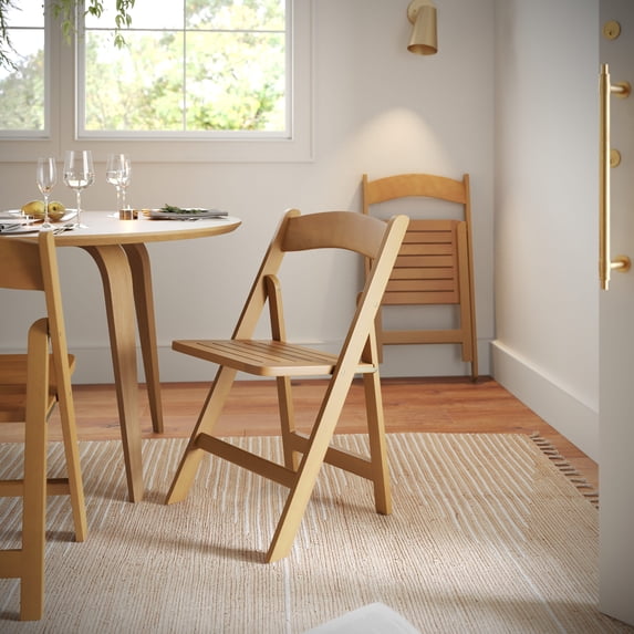 BizChair Commercial Grade Oak Solid Wood Folding Dining Chair - Set of 2