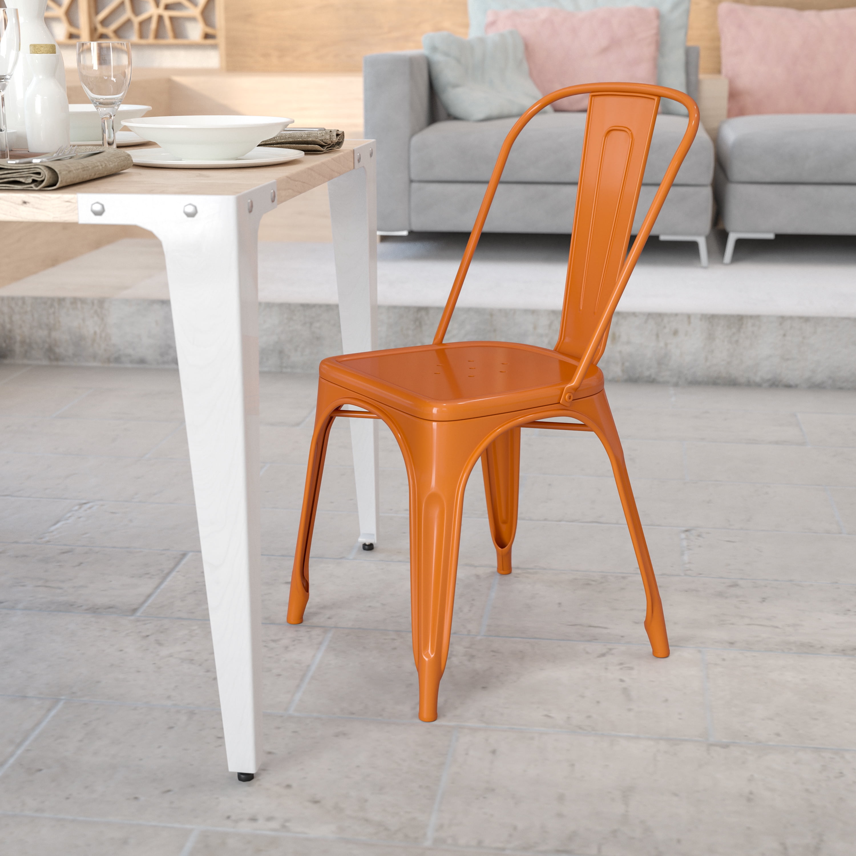 Orange Powder-Coated Metal Indoor-Outdoor Stackable Dining Chair