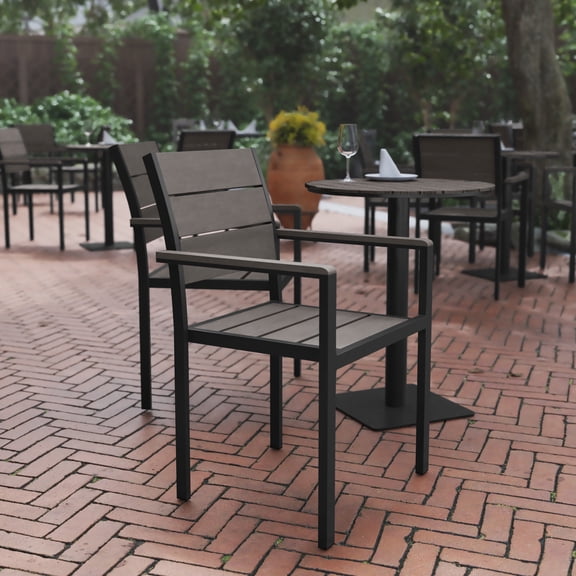 BizChair Commercial Grade Patio Chair with Arms, Stackable Side Chair with Faux Teak Poly Slats and Metal Frame, Gray/Gray