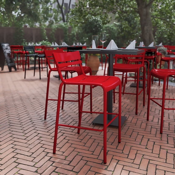 BizChair Commercial Grade Red Metal Indoor-Outdoor Bar Height Stool with 2 Slats