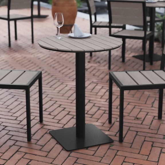 BizChair Commercial Grade Round 24" Table with Faux Teak Poly Slats and Steel Frame, Gray/Gray