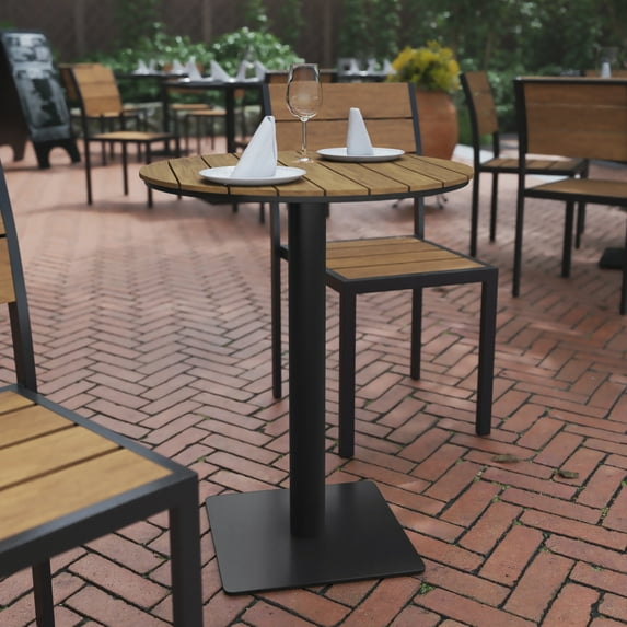 BizChair Commercial Grade Round 24" Table with Faux Teak Poly Slats and Steel Frame, Natural/Gray