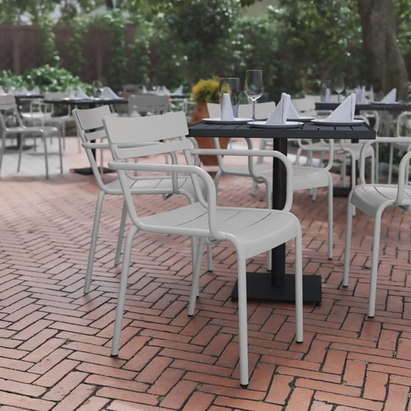 BizChair Commercial Grade Silver Steel Indoor-Outdoor Stackable Chair with 2 Slats and Arms, Set of 2