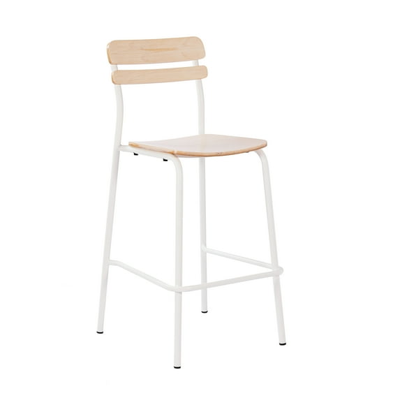 BizChair Commercial Grade Solid Wood Bar Stool with White Metal Frame and Antique White Finish