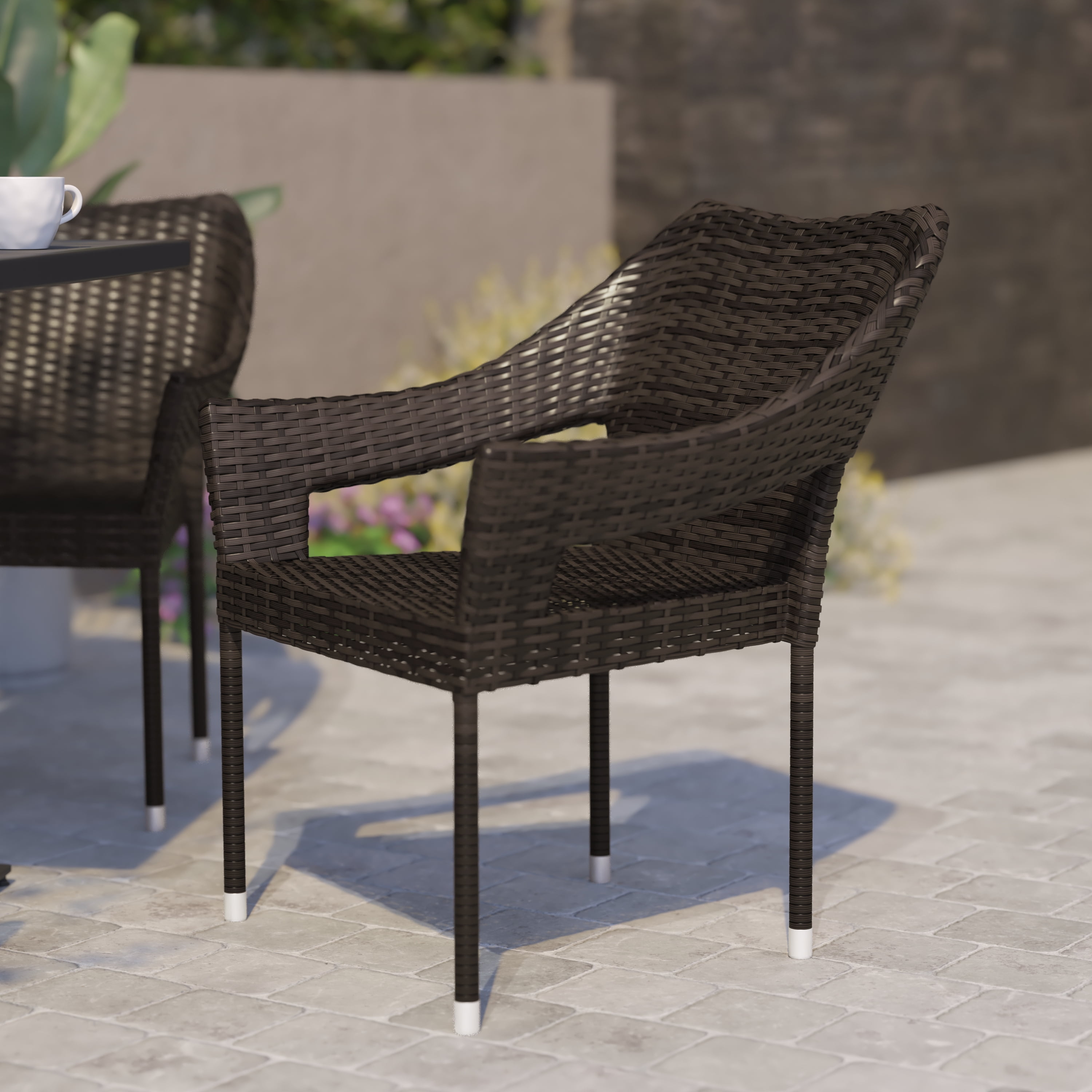 BizChair Commercial Grade Stacking Patio Chair All Weather PE Rattan Wicker Patio Dining Chair in Espresso