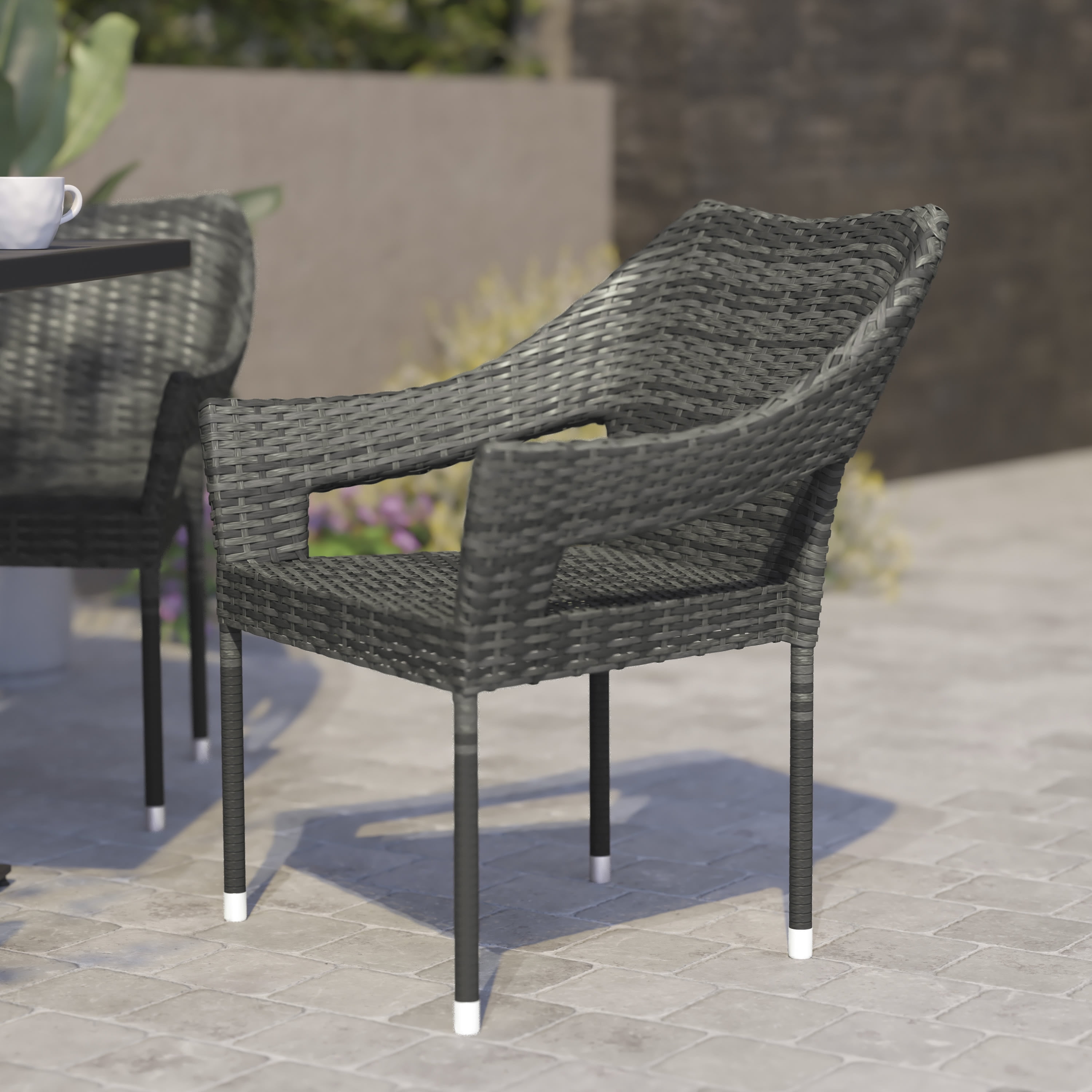 BizChair Commercial Grade Stacking Patio Chair, All Weather PE Rattan Wicker Patio Dining Chair in Gray
